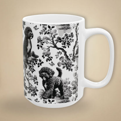 15 oz black toile Portuguese Water Dog coffee cup shown from three sides