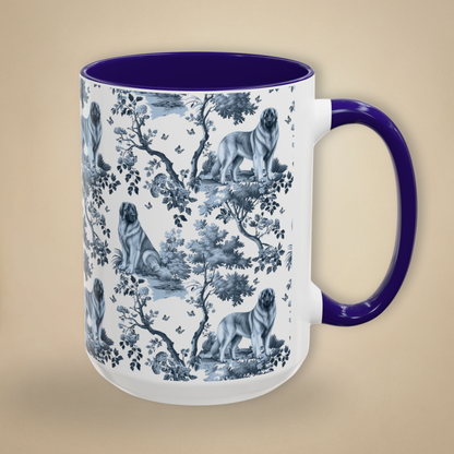Leonberger blue toile coffee mug 15 oz with navy blue handle