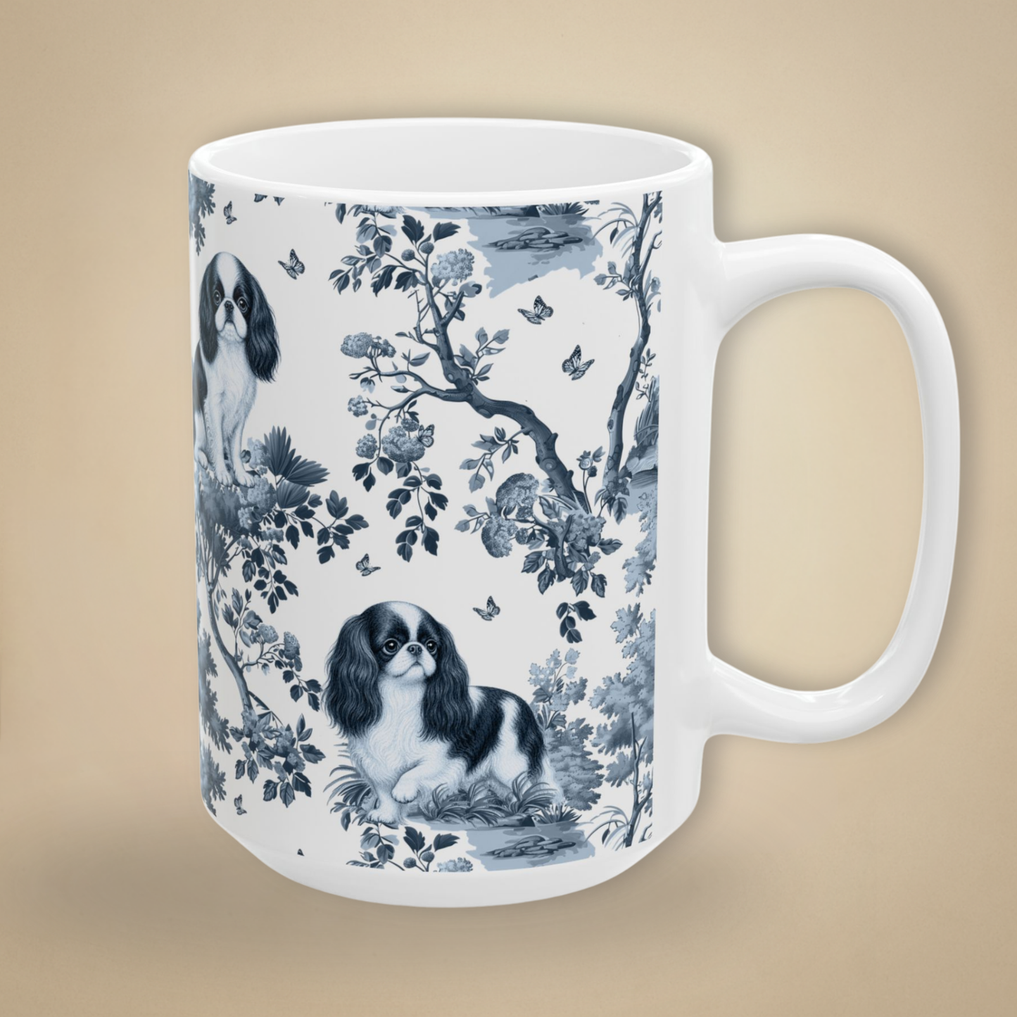 English Toy Spaniel blue toile coffee mug 15 oz with white handle