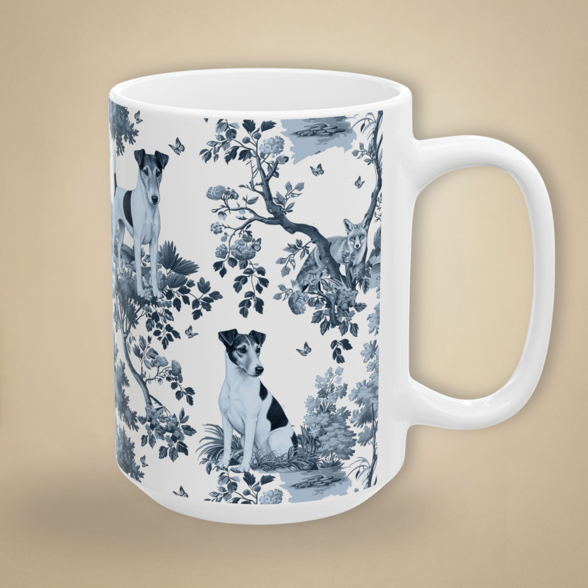 Japanese Chin blue toile coffee mug 15 oz with white handle