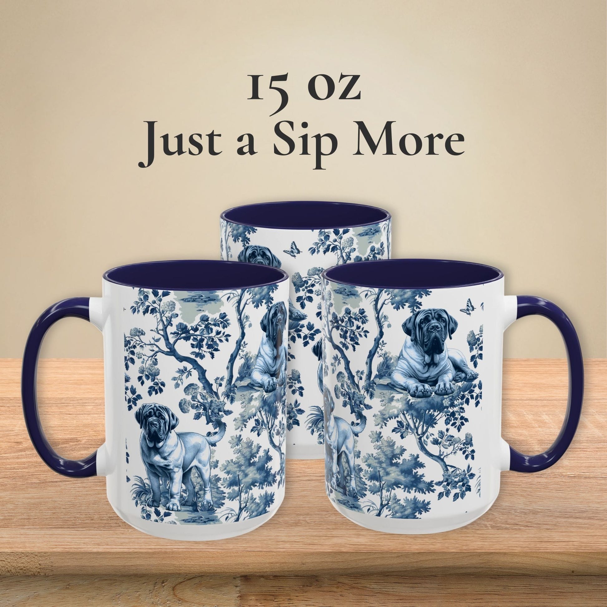 15 oz blue toile English Mastiff coffee cup shown from three sides
