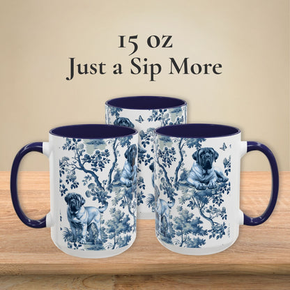 15 oz blue toile English Mastiff coffee cup shown from three sides