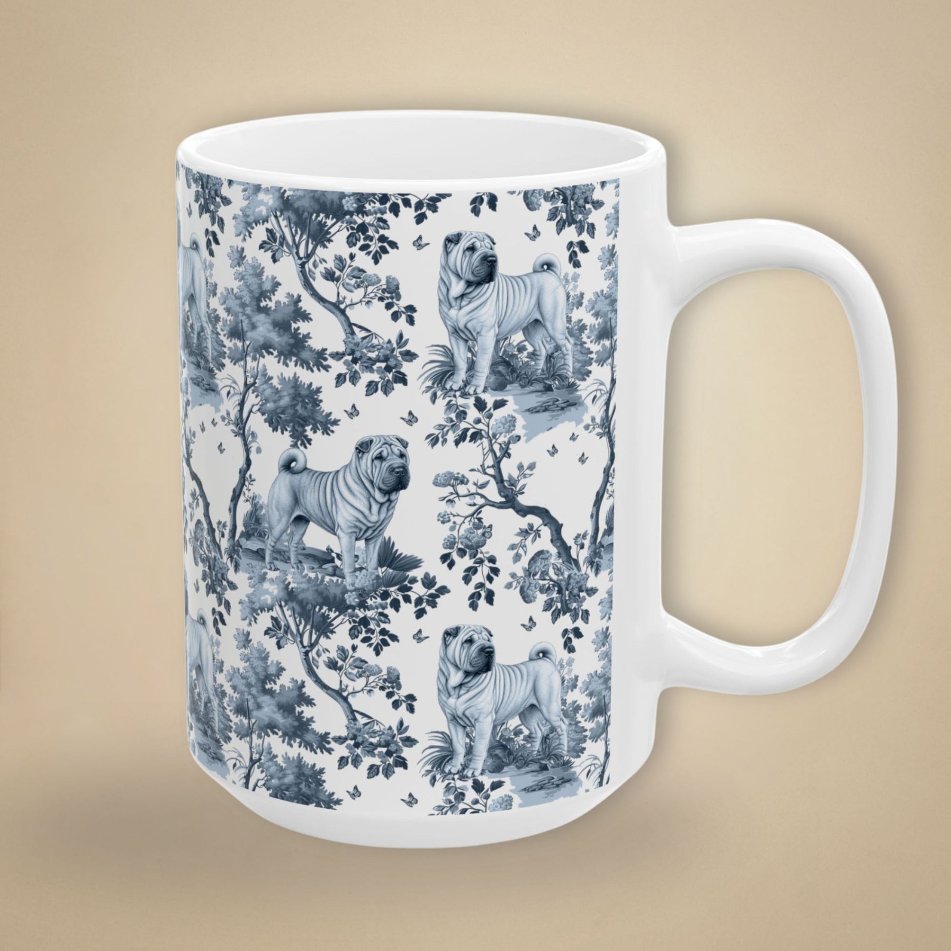 15 oz blue toile Chinese Shar-Pei coffee cup shown from three sides