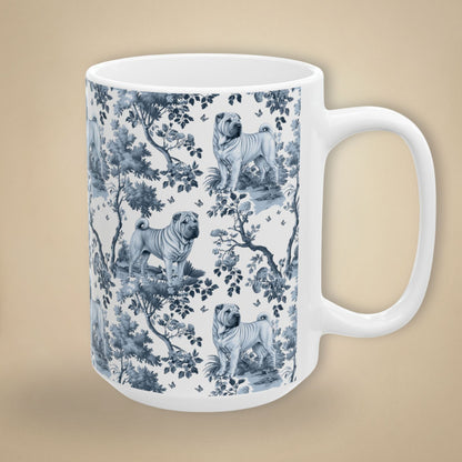 15 oz blue toile Chinese Shar-Pei coffee cup shown from three sides