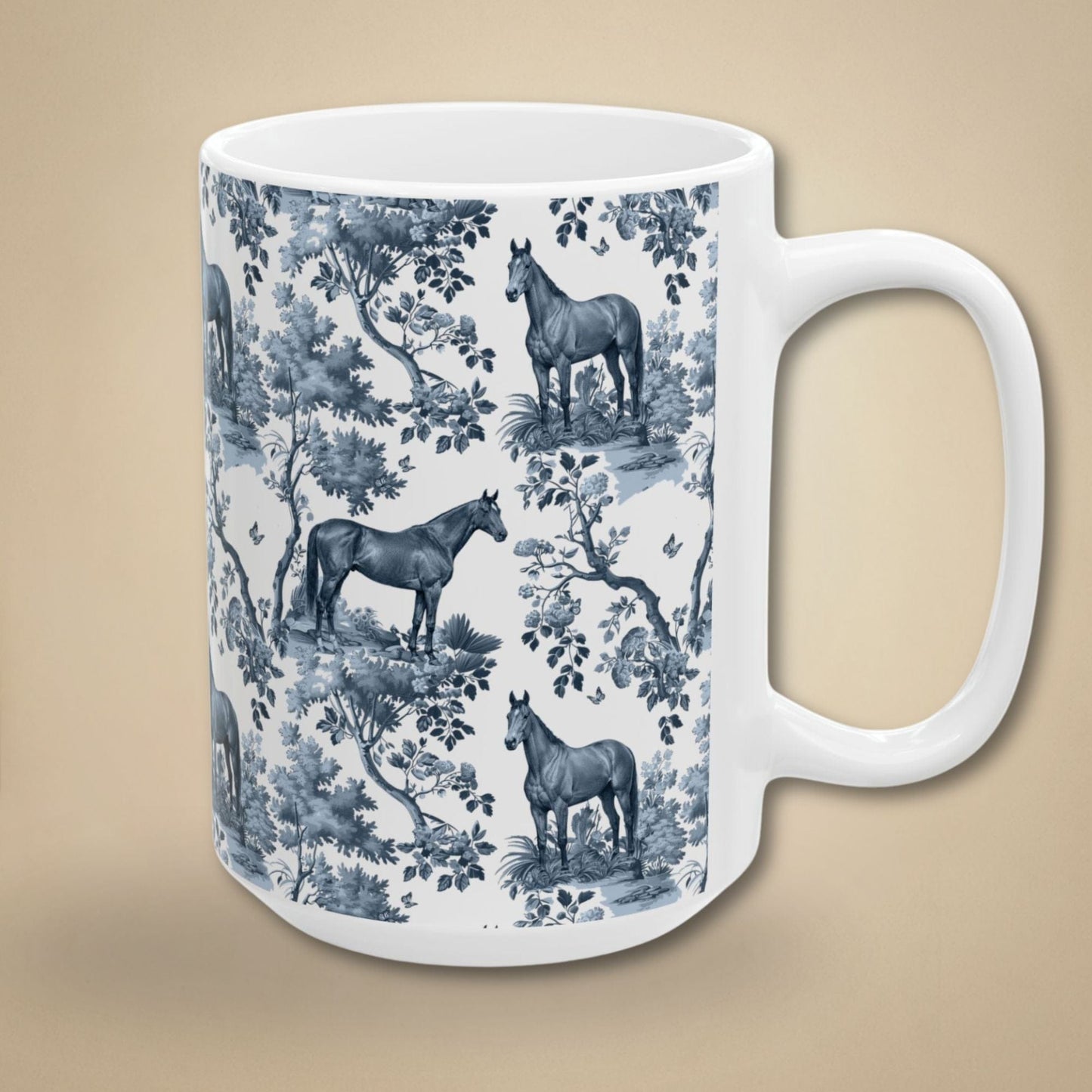 Thoroughbred Horse Mug - Blue Toile Pattern