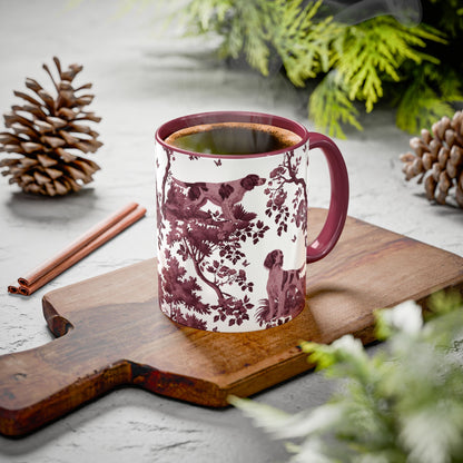 Irish Red and White Setter cranberry toile ceramic mug styled on a table, lifestyle photo
