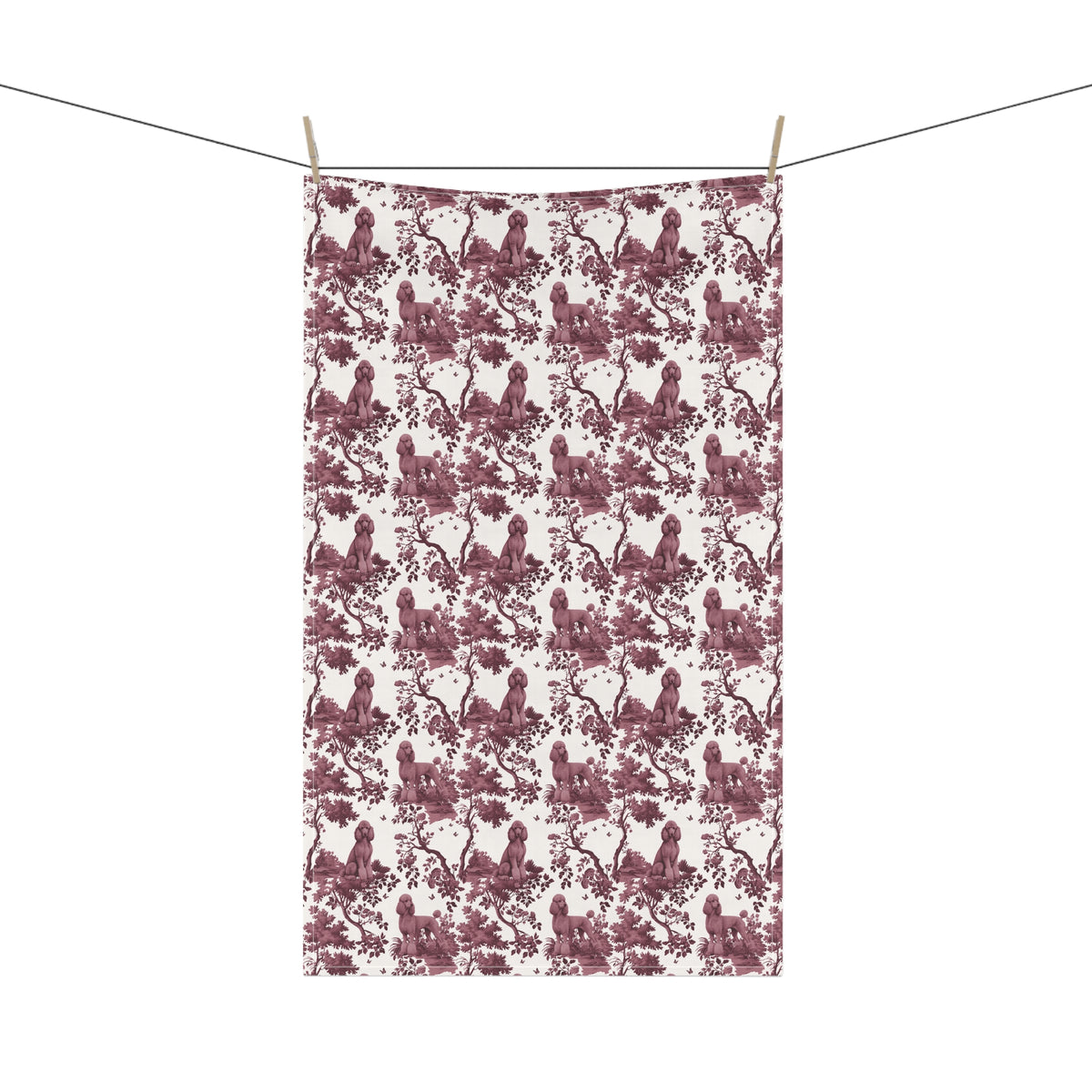 Standard Poodle Tea Towel with cranberry toile design, hanging from a clothesline, showing the full repeating design.
