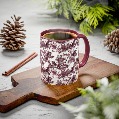 Cat & Butterfly petite cranberry toile ceramic mug styled on a table, lifestyle photo