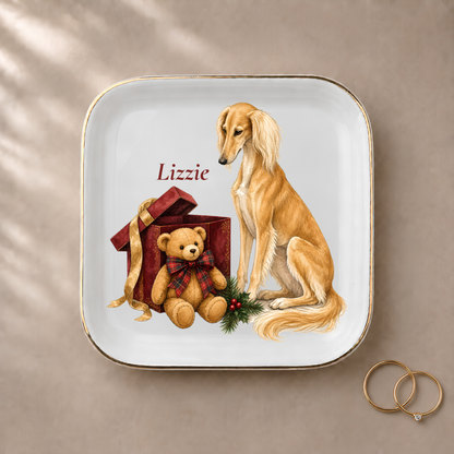 Saluki jewelry dish styled with gold rings and a personalized name