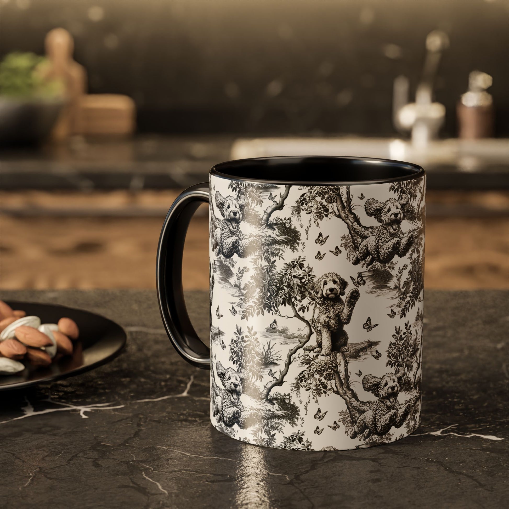 Black toile Goldendoodle coffee mug, additional view