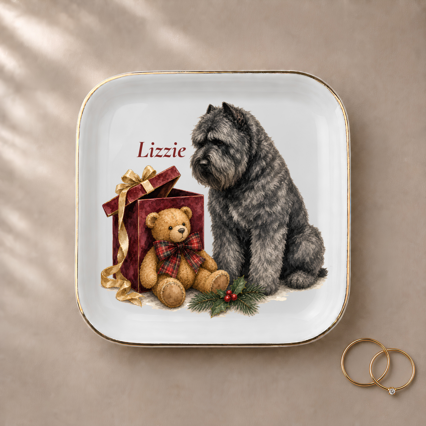 Bouvier des Flandres jewelry dish styled with gold rings and a personalized name