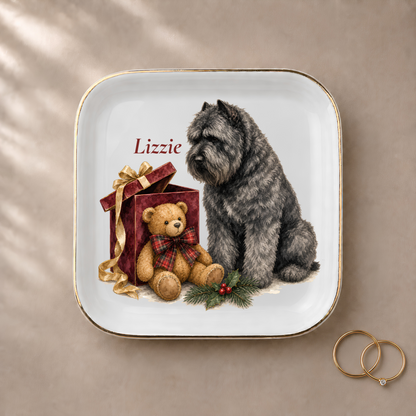 Bouvier des Flandres jewelry dish styled with gold rings and a personalized name