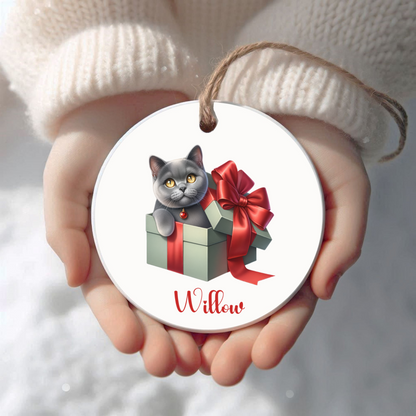 Grey Cat Ornament with Custom Name