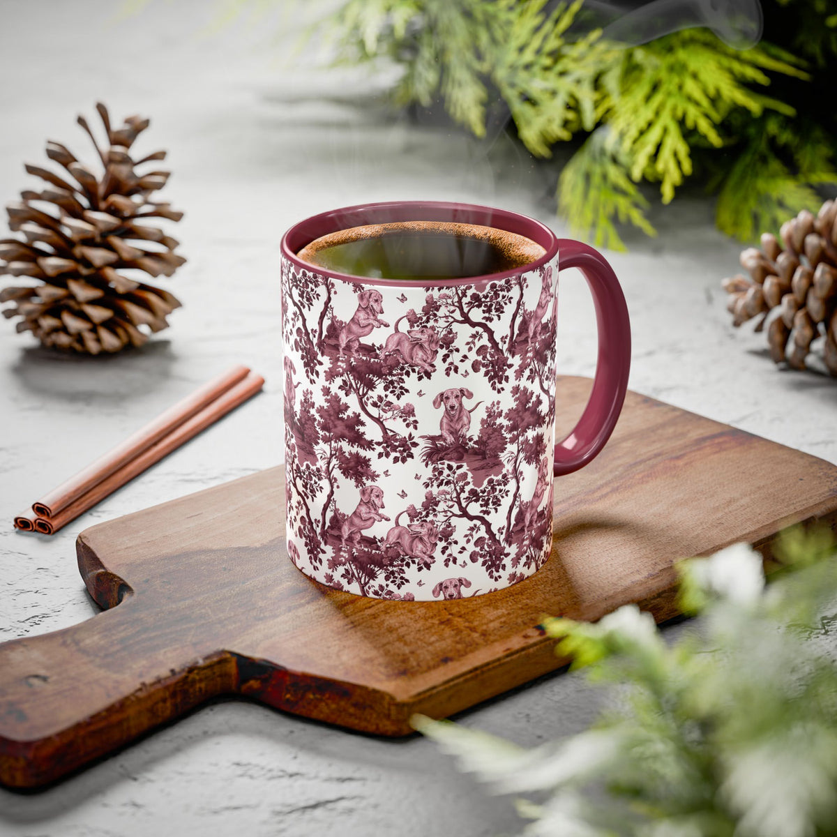 Dachshund Playing petite cranberry toile ceramic mug styled on a table, lifestyle photo