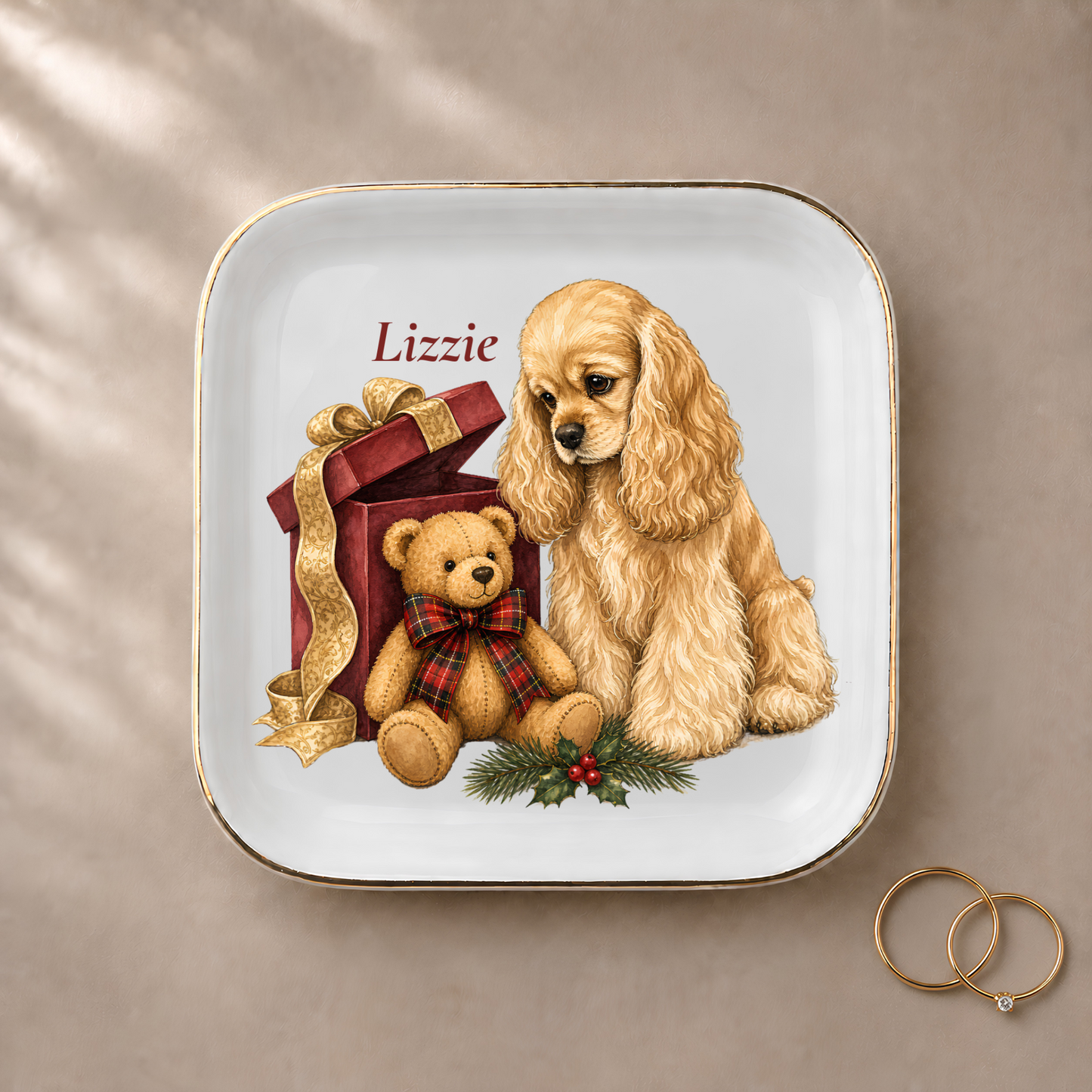 American Cocker Spaniel jewelry dish styled with gold rings and a personalized name