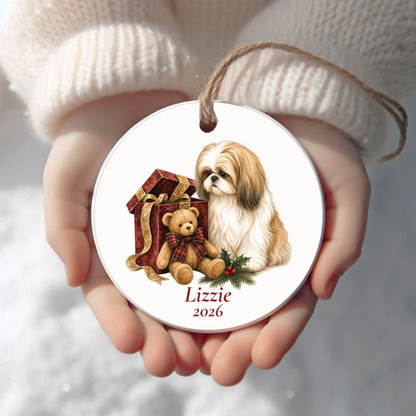 Personalized Shih Tzu Christmas ornament held in cupped hands