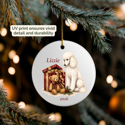 Personalized White Standard Poodle ornament hanging on a lit Christmas tree