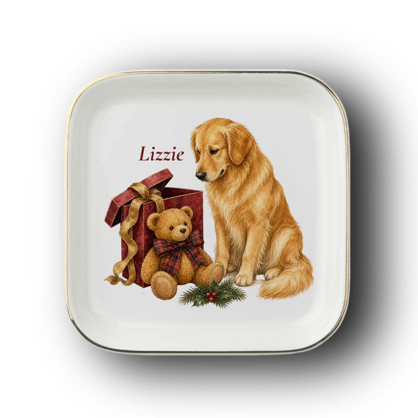 Golden Retriever jewelry dish on a white background