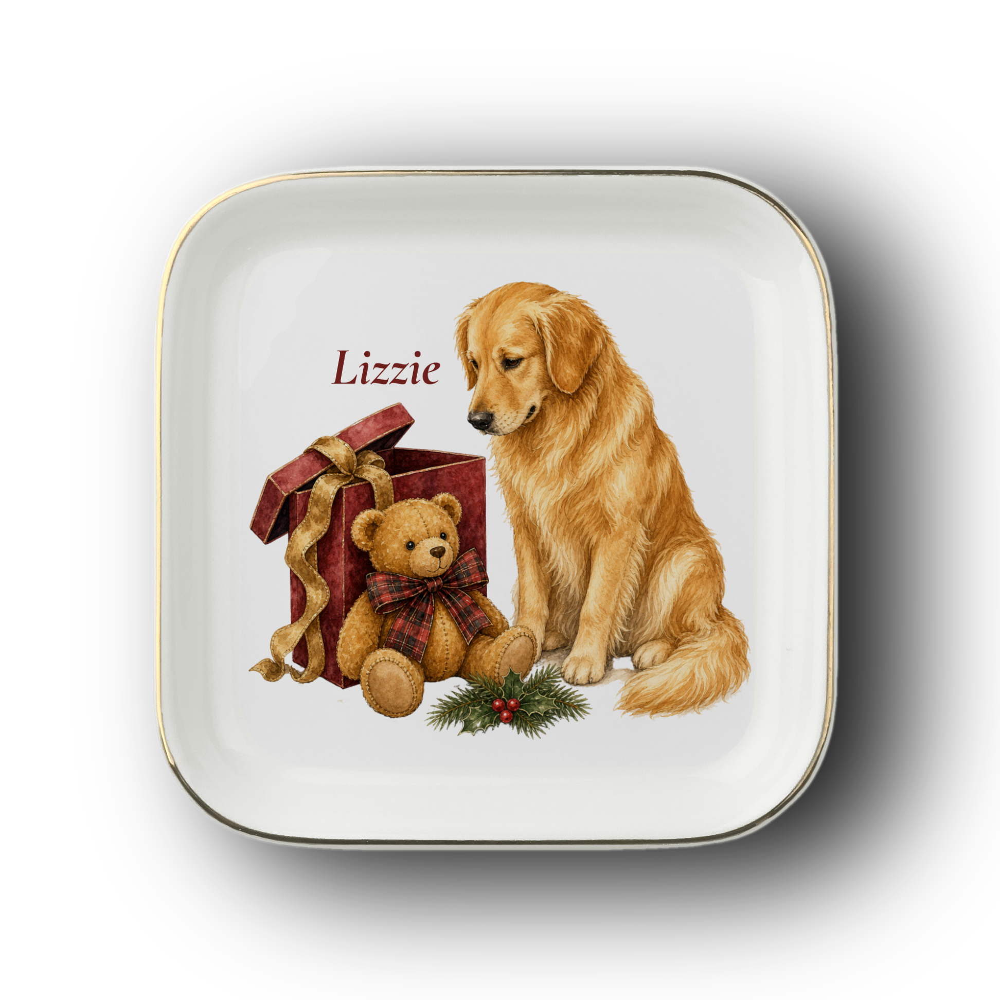 Golden Retriever jewelry dish on a white background