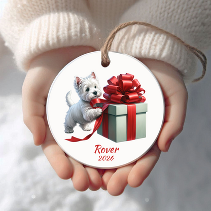 Personalized West Highland Terrier Christmas ornament held in cupped hands