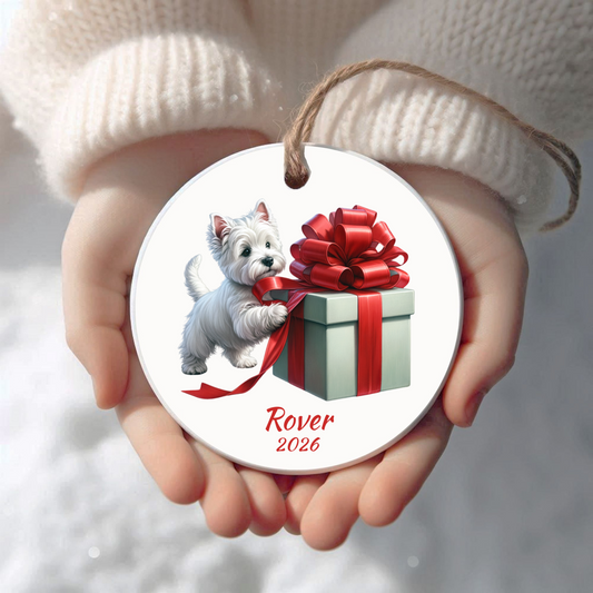 Personalized West Highland Terrier Christmas ornament held in cupped hands