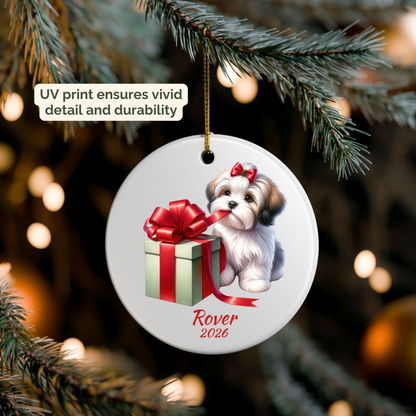 Personalized Havanese ornament hanging on a lit Christmas tree