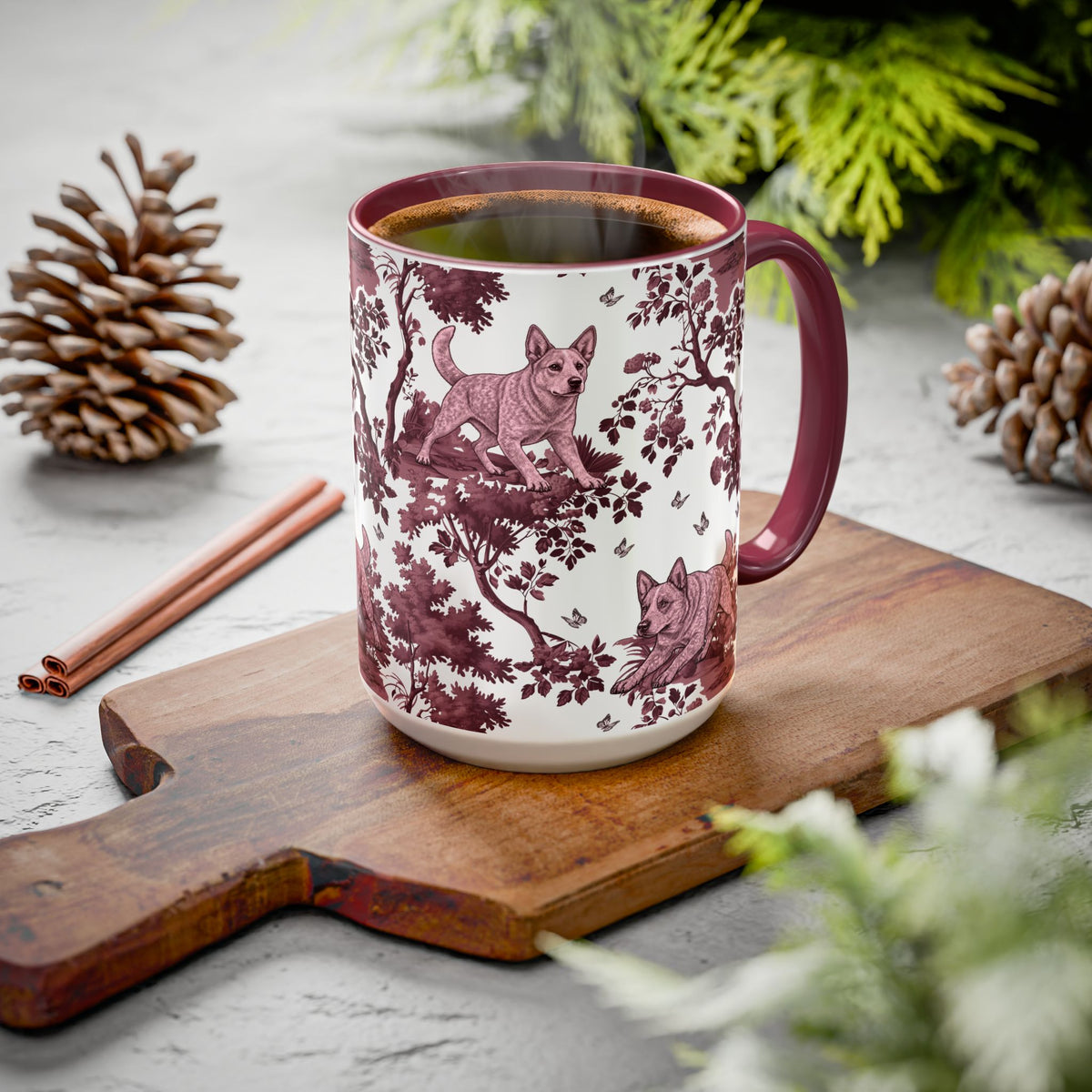 Australian Cattle Dog Cranberry Toile ceramic mug styled on a table — lifestyle photo