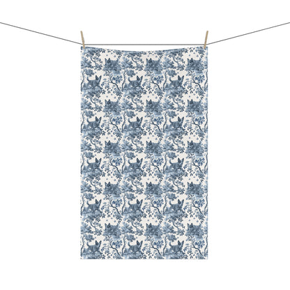 Australian Cattle Dog Blue Tea Towel with blue toile design, hanging from a clothesline, showing the full repeating design.