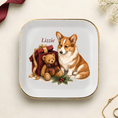 Personalized Cardigan Welsh Corgi Christmas jewelry dish with gold rim