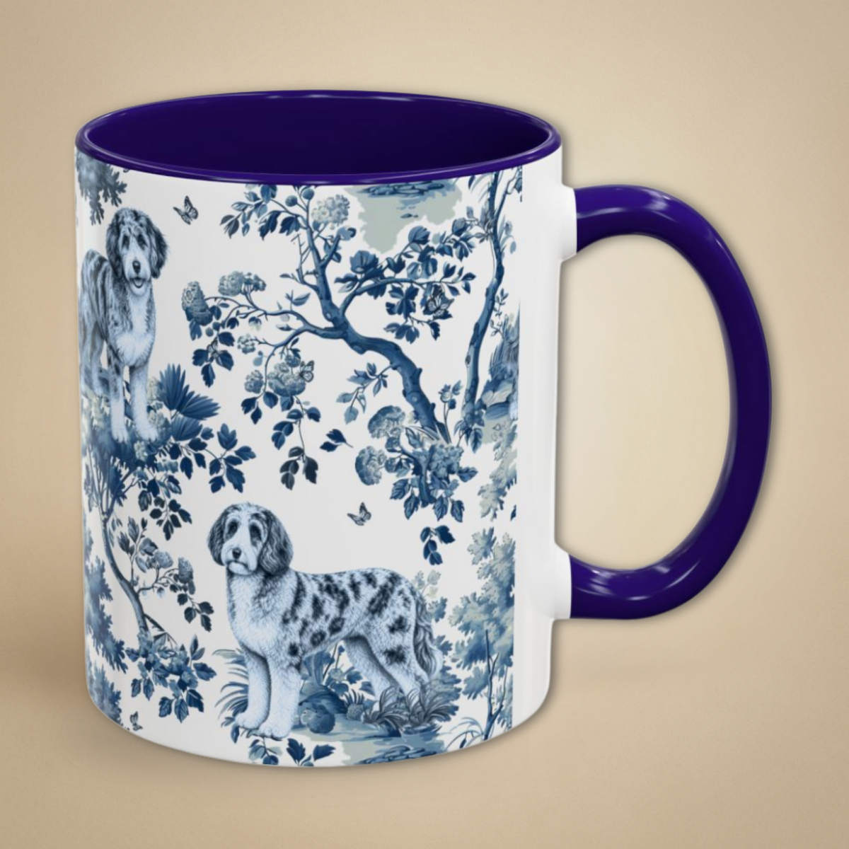 Aussiedoodle Garden Toile Deux 11 oz ceramic mug, right view