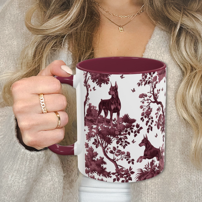 Doberman cranberry toile 11 oz ceramic mug, left view