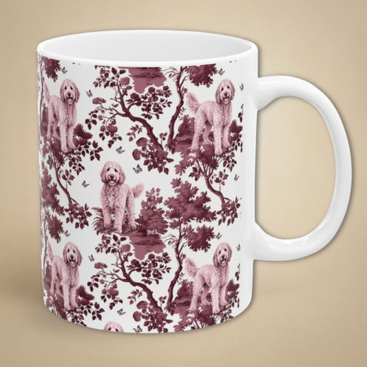 Goldendoodle Cranberry Toile Deux 11 oz ceramic mug, right view