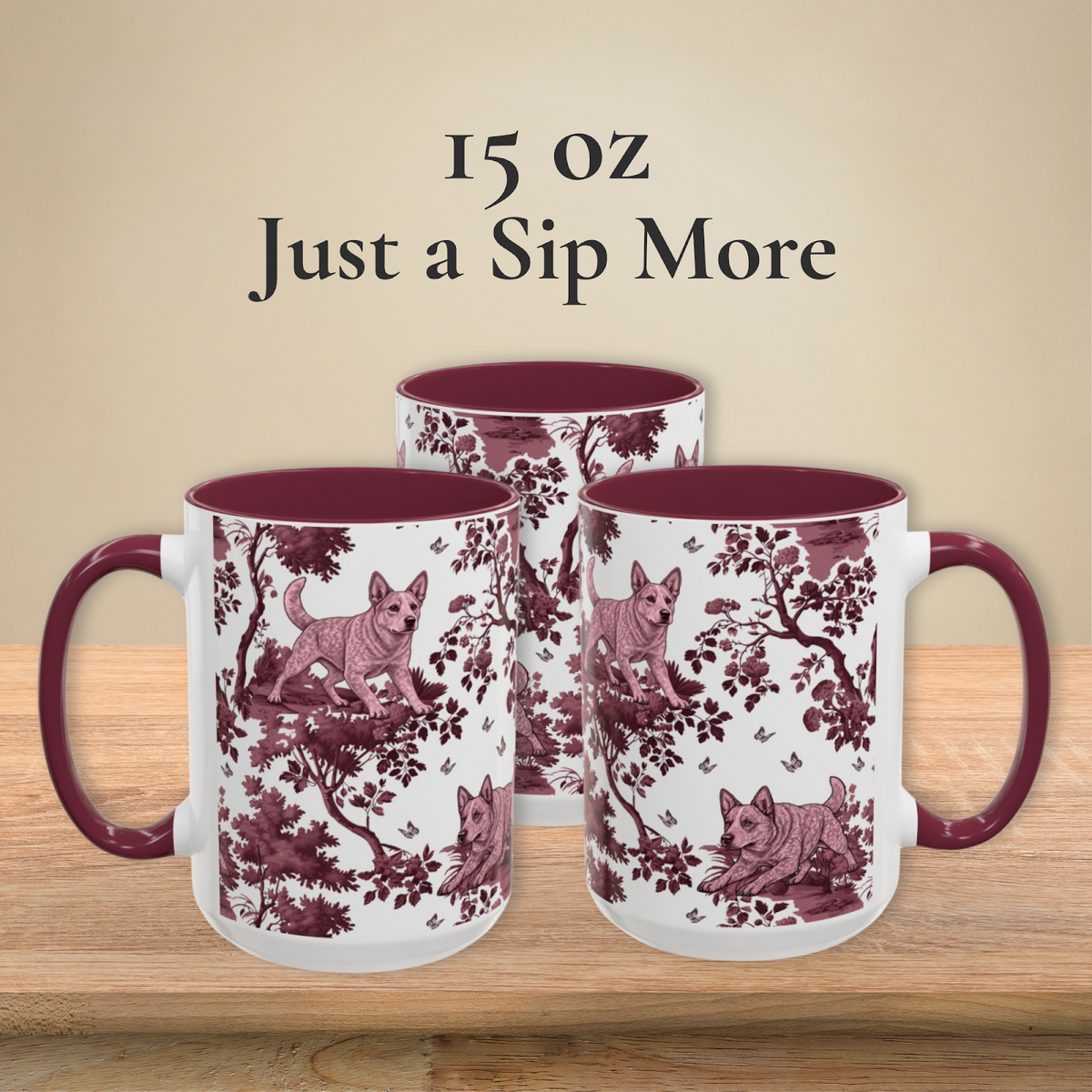 Australian Cattle Dog Cranberry Toile 15 oz ceramic mug — left, front and right views