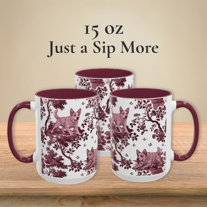 Australian Cattle Dog Cranberry Toile 15 oz ceramic mug — left, front and right views