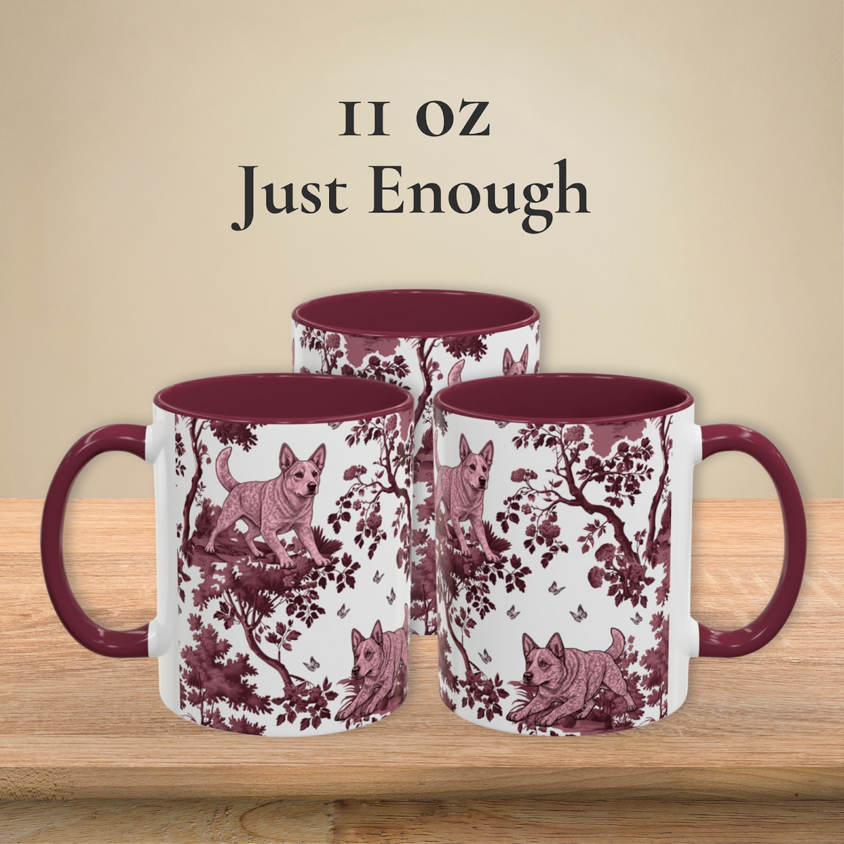 Australian Cattle Dog Cranberry Toile 11 oz ceramic mug — left, front and right views