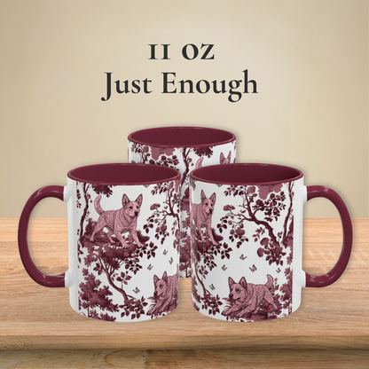 Australian Cattle Dog Cranberry Toile 11 oz ceramic mug — left, front and right views