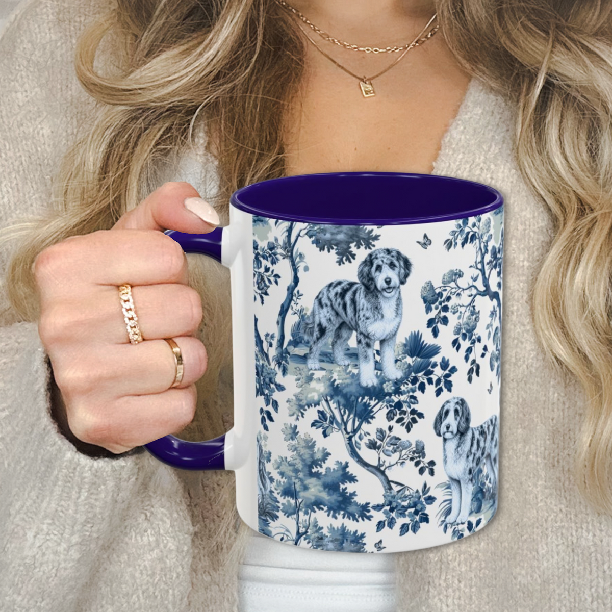 Aussiedoodle Garden Toile Deux 11 oz ceramic mug, left view