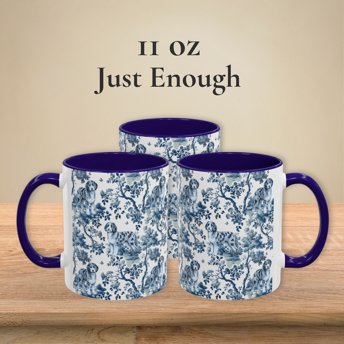 Aussiedoodle Petite Garden Toile 11 oz ceramic mug — left, front and right views