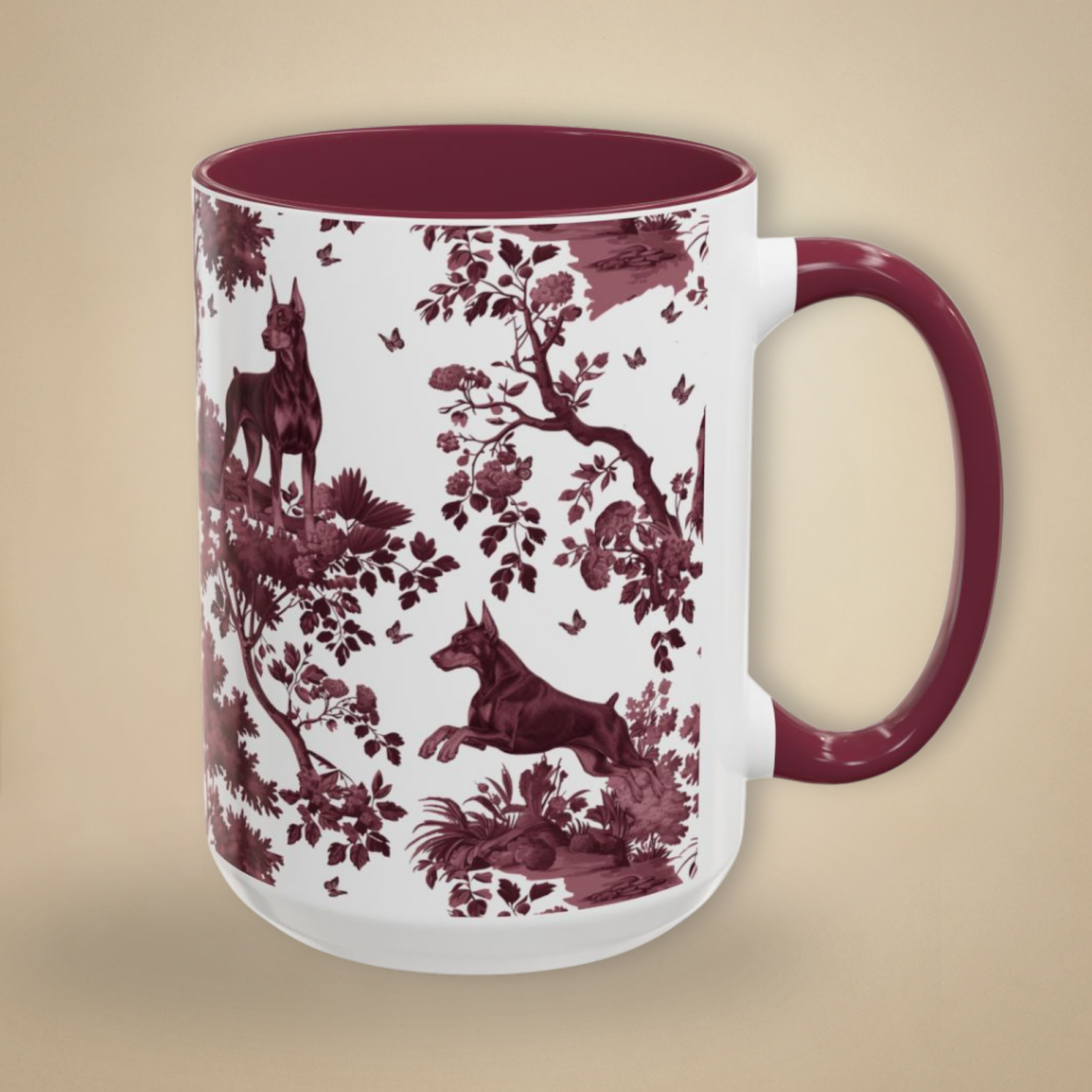 Doberman cranberry toile 15 oz ceramic mug, right view