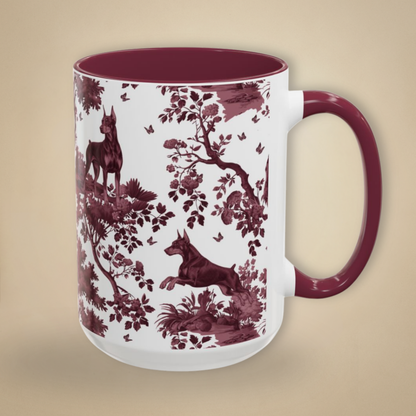 Doberman cranberry toile 15 oz ceramic mug, right view