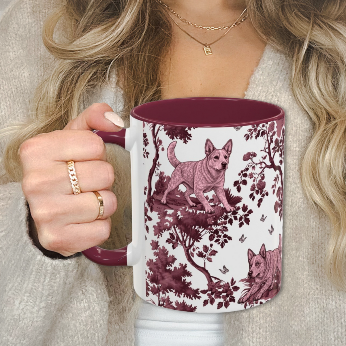 Australian Cattle Dog Cranberry Toile 11 oz ceramic mug, left view