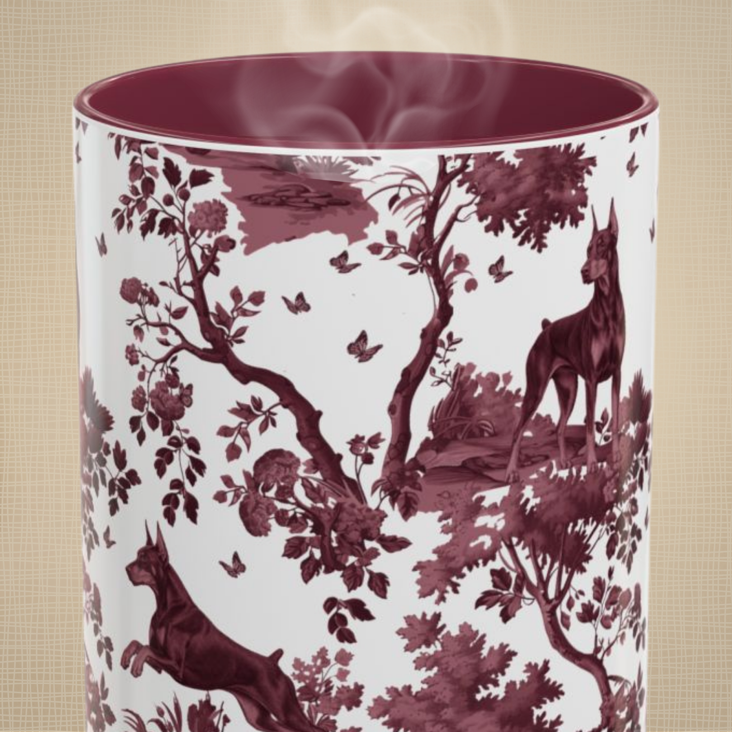 Doberman cranberry toile 15 oz ceramic mug, front view