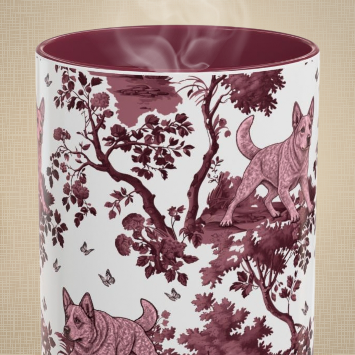 Australian Cattle Dog Cranberry Toile 15 oz ceramic mug, front view