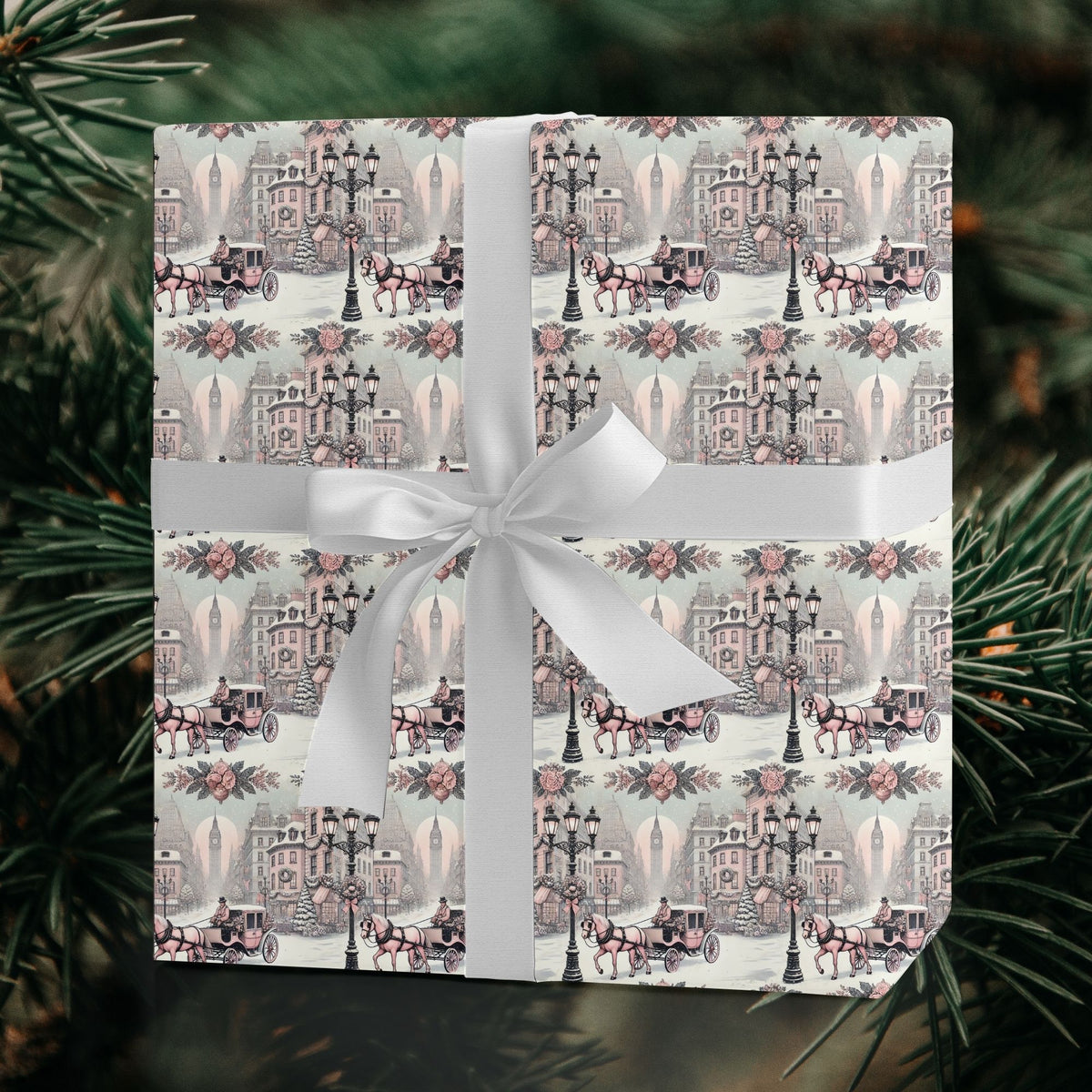 Pastel Paris horse and carriage Christmas wrapping paper