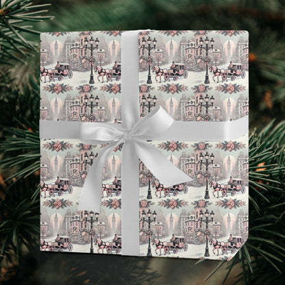 Pastel Paris horse and carriage Christmas wrapping paper