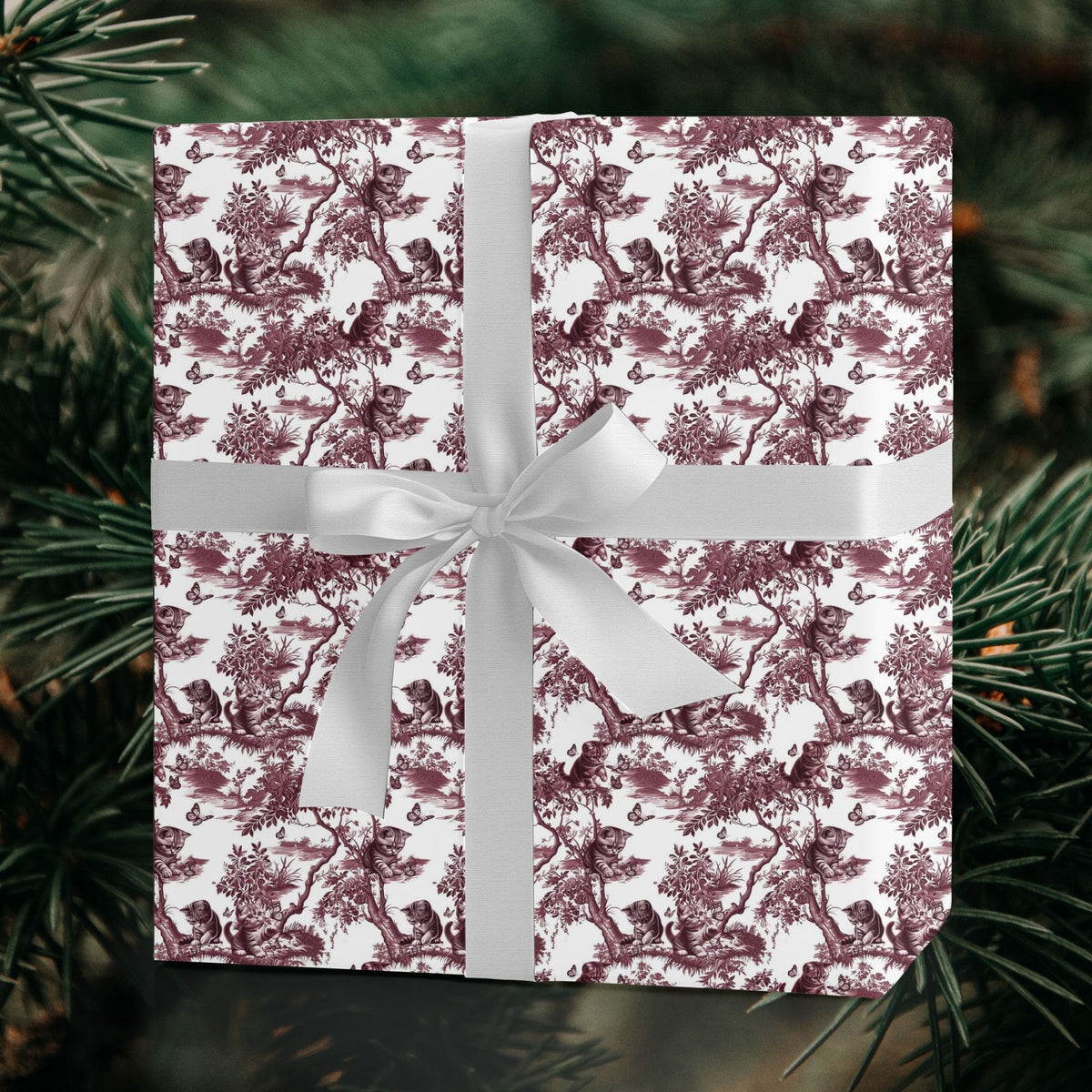 Cat cranberry garden toile Christmas wrapping paper