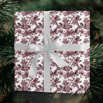 Cat cranberry garden toile Christmas wrapping paper