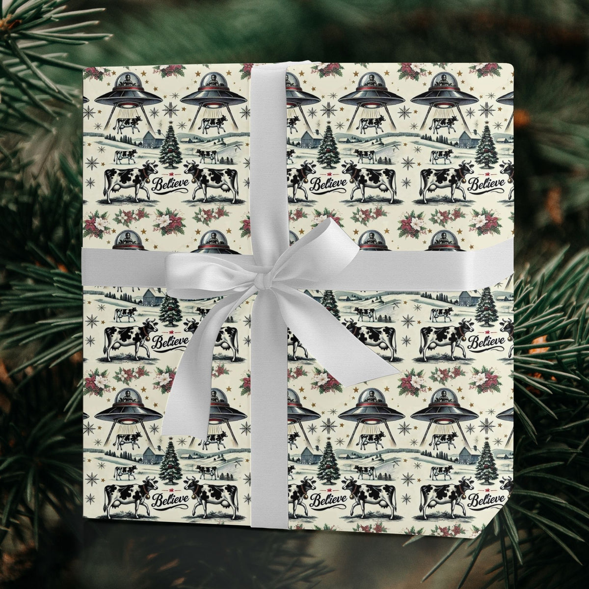 UFO Cow Abduction Christmas wrapping paper
