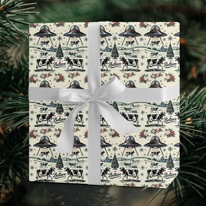 UFO Cow Abduction Christmas wrapping paper