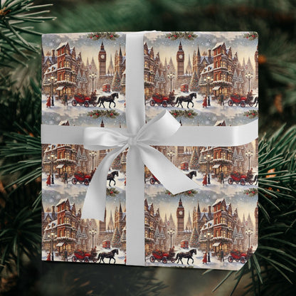 Vintage London horse and carriage Christmas wrapping paper